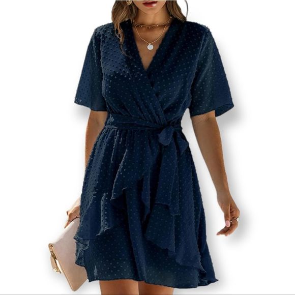 Nwt BTFBM Women Faux Wrap Swiss Dot V-Neck, Ruffle Hem Dress - Picture 2 of 5